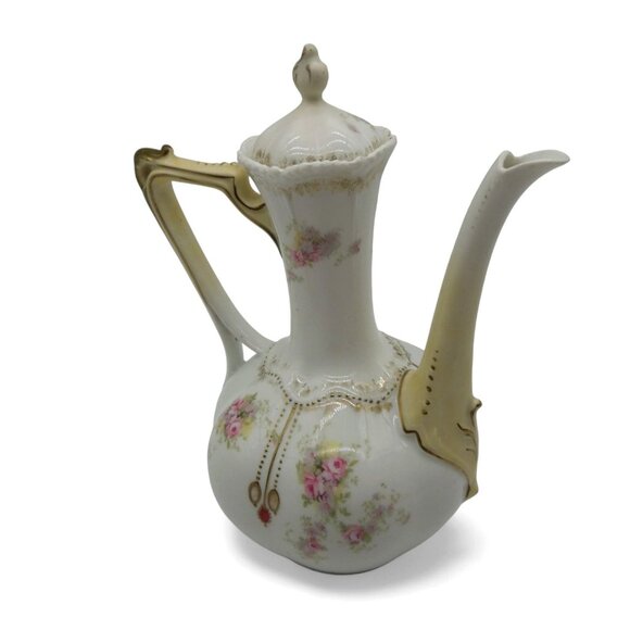 Antique RS PRUSSIA Porcelain Chocolate Pot Pink Floral & Gold Trim 8.6" - Picture 4 of 14